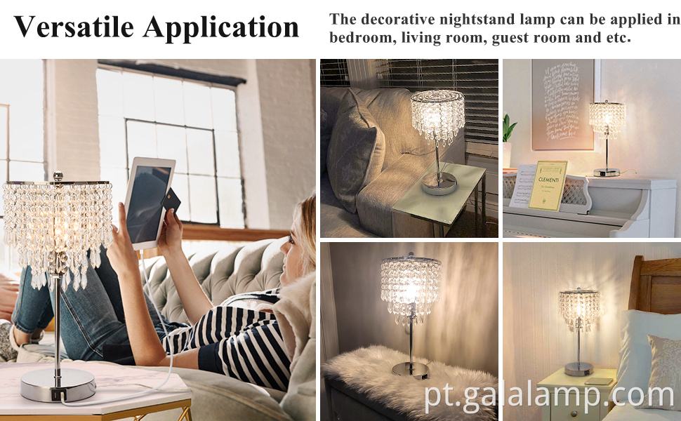 Luminária de mesa de cristal de controle de toque elegante com portas de carregamento USB